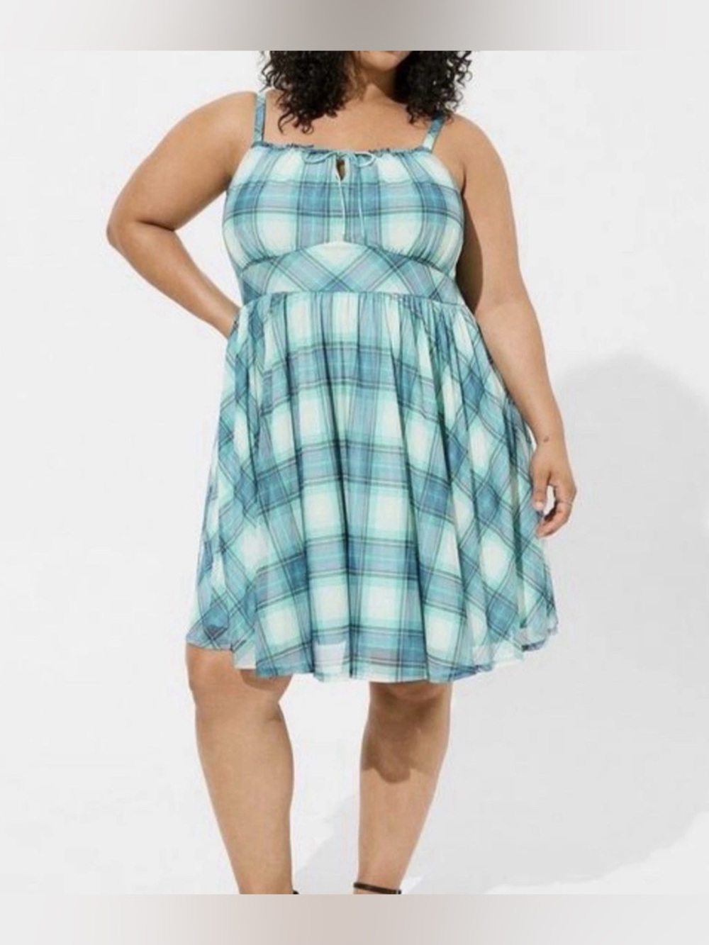 Torrid‎ Mini Mesh Cami Shirred Bust Skater Dress Samara Plaid Dew 2 2X 18 20 NWT